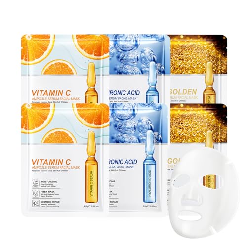 Image of 6-Pack Face Mask Set-Hydrating Face Mask with Hyaluronic Acid, 24K Gold & Vitamin C (2 Each) - Soothing, Brightening,Glowing Skin for Women Men Teens -25ml Essence for All Skin Types