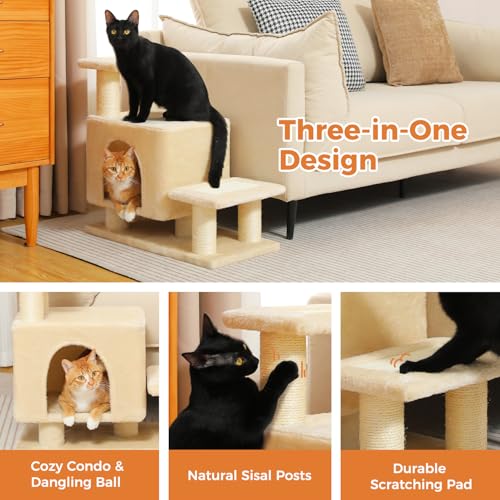 Image of 3-in-1 Dog Stairs & Cat Scratching Post with Condo, Pet Steps for High Beds, Sofa, Couch, Tall Cat Tower, High-Strength Boards for Indoor Small Cats Kittens Dogs Climbing Playing, 3 Steps-Beige