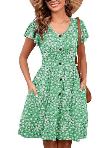 Image of Heymoments Women's Ruffle Sleeve V Neck Swing Sundress Summer Casual A-Line Midi Dress with Pockets S-2XL
