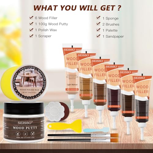 Wood Furniture Repair Kit - Wood Fillers with Wood Putty, Hardwood Laminate Repair Kit, Wood Wax for Holes, Walnut Wood Scratch Repair Kit Restore Any Scratches, Cracks, Tables, Doors, Floors, Cabinet