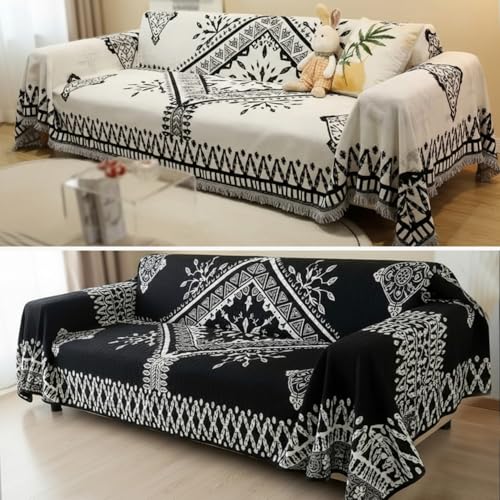 Image of The Furnishing Tree Reversible Double Sided Chenille Throw Sofa Cover, Anti-Slip Couch Cover, Comfy Sofa Towel for All Seasons, 3 Seater, Bohemian-style geometric and floral black & cream