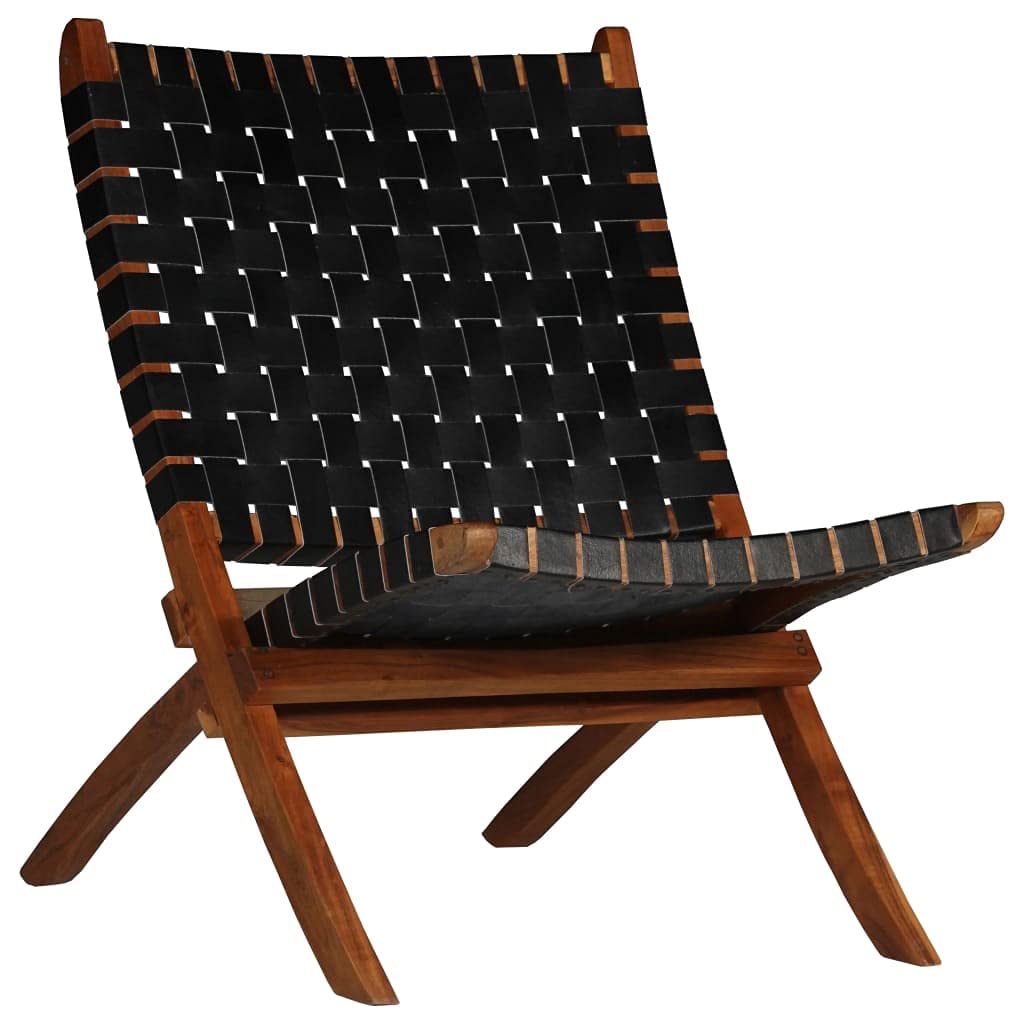 LAPOOH Sedia Pieghevole a Strisce Incrociate Nera in Vera Pelle,Sedia Relax,Sedia Relax da Giardino,Sedia Relax da Salotto,Sedia Relax da Esterno-246366