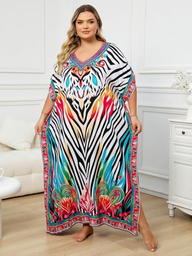 Image of KECVOT Kaftan Dresses for Women V-Neck Print Swimsuit Cover Up Plus Size Beach Caftan Lounge Dress