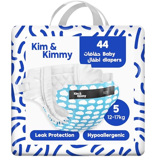 Kim & Kimmy Eco Diapers Size 5 12-17 kg 44 Diapers - 12 Hour Leak Protection No Rashes Hypoallergenic Ultra-Soft & Highly Absorbent - Cruelty Free & Vegan - Little Clouds