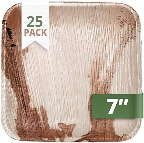 CaterEco Square Palm Leaf Plates Set (Pack of 25) | Salad Plates | Ecofriendly Disposable Dinnerware | Heavy Duty Biodegradable Party Utensils for Wedding, Camping & More