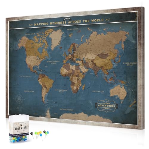Image of DECORARTS - Oversized World Travel Map with Pins, Pin Board Canvas Wall Art, Extra Large Navy Blue Maps for Wall, Giclee Print, Handcrafted in USA, 40x30''