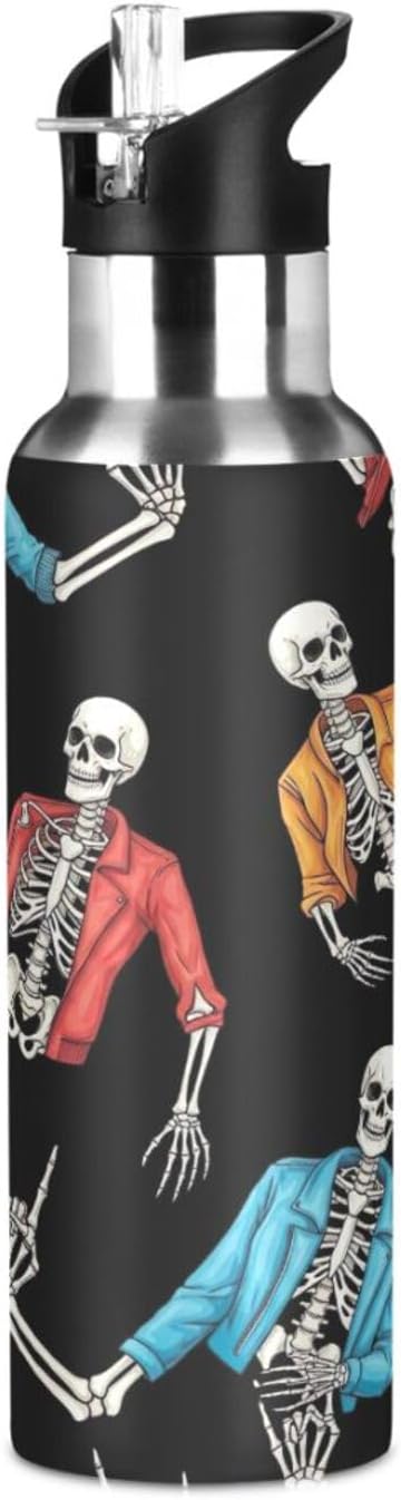 BPA-Free Sport Water Bottle 32 Oz, Stainless Steel Water Bottle for Gym Outdoor Travel School, Human Skeletons Rock Roll Gesture