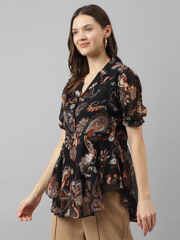 Image of Cicica Women's Black Georgette Paisley Flared Western Top | Winter Top | Western Top | Top for Women | Women Top | Trendy Women Top