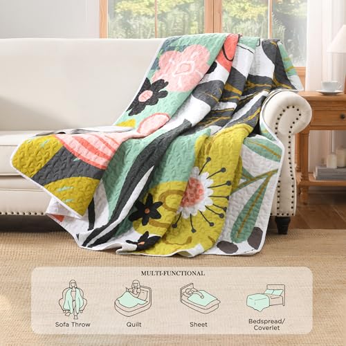 Image of Andency Floral Boho Queen Quilt Bedding Set Green, 3 Pieces Farmhouse Flower Botanical Summer Bedspreads with 2 Shams, Soft Reversible Lightweight Polyester Coverlet Set for All Season, 90 inchx96 inch