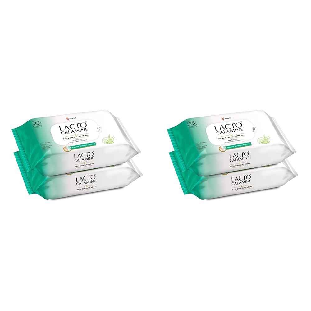 Lacto Calamine Daily Cleansing Facial Wipes 25N Each - Pack of 4 | Wet Wipes for Face with Aloe Vera, Cucumber & Vitamin E | Makeup Remover Wipes| Hydrating,Refreshing, Soothing|Paraben & Alcohol Free