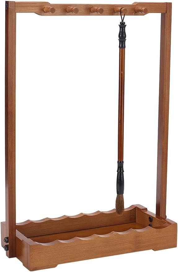NBEADS 10-Pin Vintage Calligraphy Brush Pen Holder, Chinese Calligrapghy Brush Hanger Wood Chinese Brush Shelf Brush Pen Rack with Base Plate,for Beginners