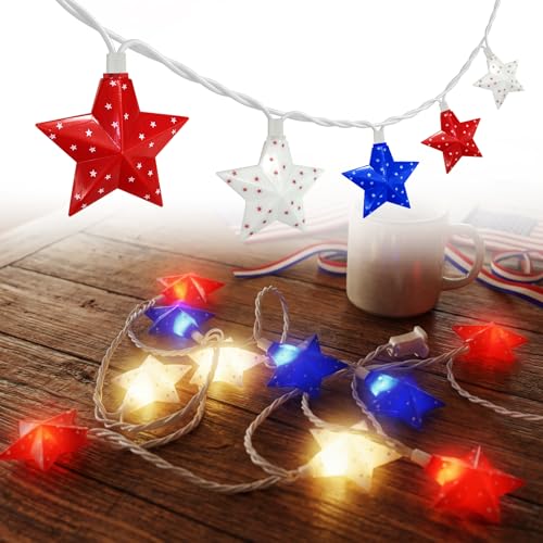 SUNSGNE 8.5FT Red White and Blue Star String Lights, 4th of July Lights with 10 LED Star Bulbs for Memorial Day, Patriotic, Independence Day Decor, End-to-End Connectable (Up to 45 Sets)