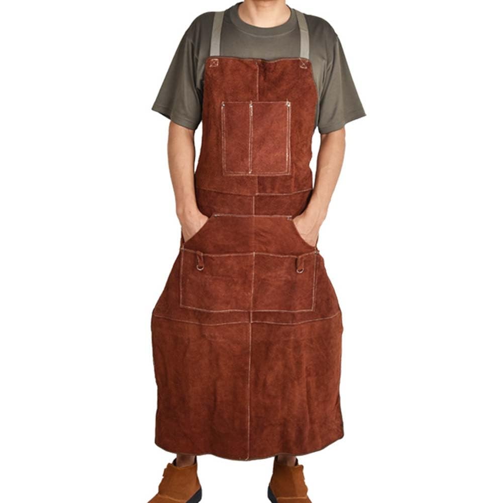 Lecreatekit Tablier de soudage en cuir robuste pour homme avec 6 poches, résistant à la chaleur et aux flammes, tablier de forgeron, motif croisé dans le dos, marron, 65 x 115 cm