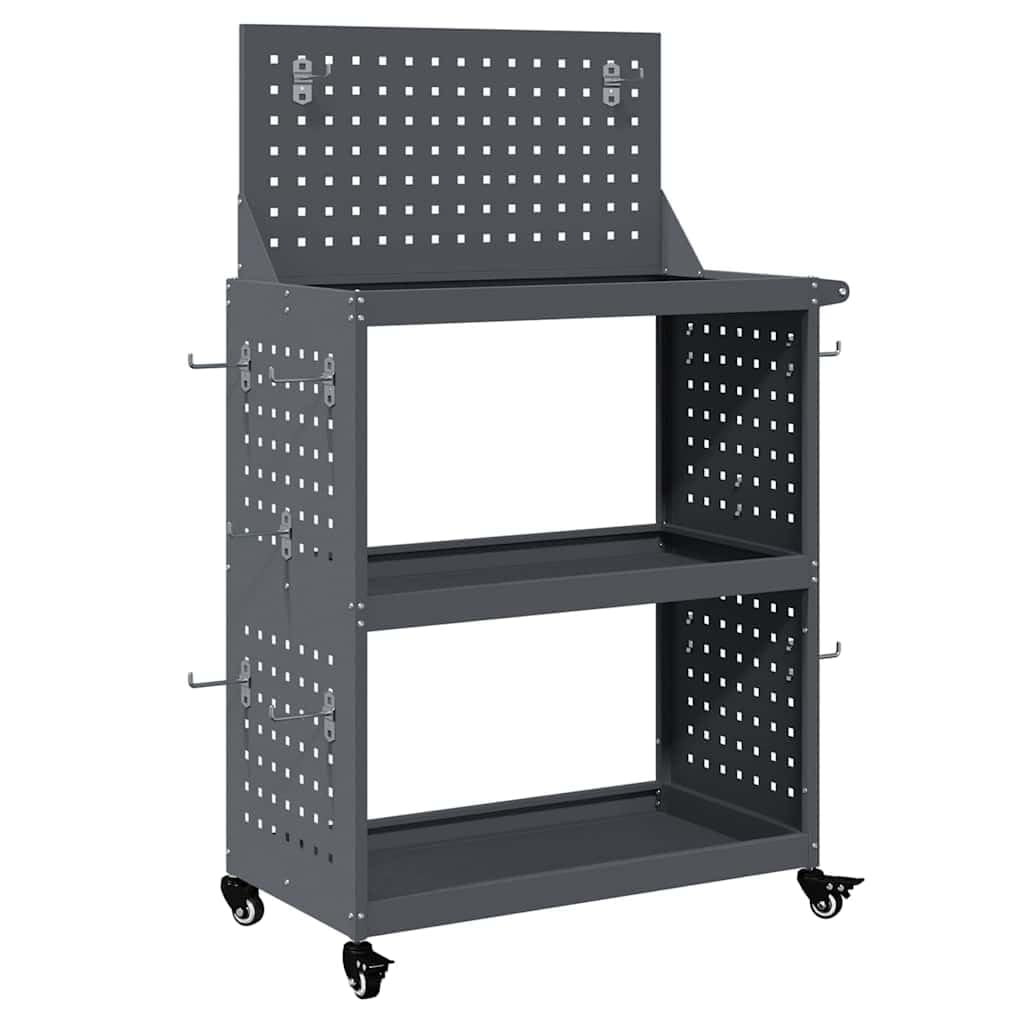 Carrello portautensili in acciaio laminato a freddo con ripiani e 12 ganci, carrello da officina con ruote bloccabili per professionisti e fai da te