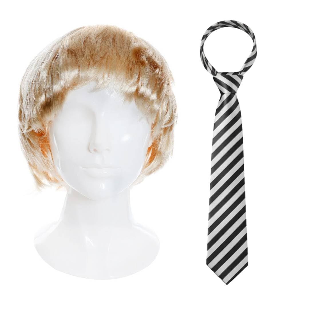 Adults Jay Accessory Set - Short Messy Blonde Wig and White and Black Striped Tie - Perfect for British Icon Dress Up, Halloween & Other Fancy Dress Events Inbetween Costume TV Show