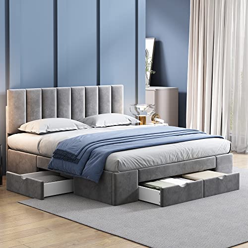 DUlVBPE Cama tapizada de terciopelo de 160 x 200 cm, con somier de láminas, respaldo de 4 cajones, color gris