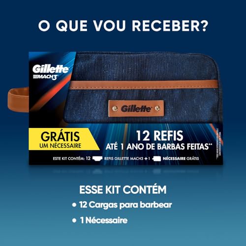 Gillette 1 Kit Mach3, Carga para Aparelho 12 Uds + 1 Nécessaire