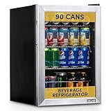 NewAir 90 Can Beverage Refrigerator | 17” Freestanding Small Mini Fridge for Bedroom, Home Bar or Office | Quiet Compressor Cooling & Adjustable Shelves | Stainless Steel
