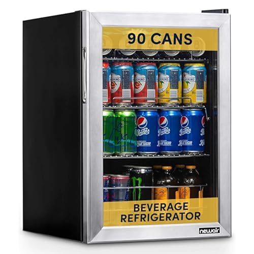 Image of NewAir 90 Can Beverage Refrigerator | 17” Freestanding Small Mini Fridge for Bedroom, Home Bar or Office | Quiet Compressor Cooling & Adjustable Shelves | Stainless Steel