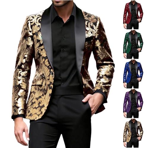 Mens Sequin Suit Jacket Blazer Shawl Lapel One Button Sparkly Floral Jackets Tuxedo Slim Fit Glitter Party Blazers