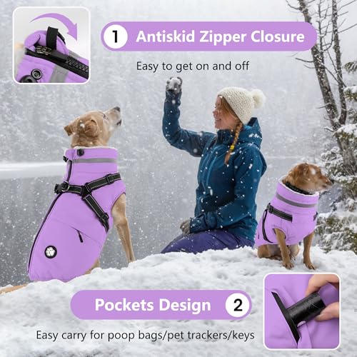 Dogcheer Dog Coat with Harness, Waterproof Dog Jacket, Reflective Puppy Winter Jacket with Pocket, Doggy Turtleneck Fleece Vest for Small Medium Large Dogs - Taro Purple, L by Dogcheer - Image 4