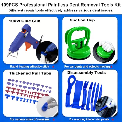 Image of 109PCS Dent Removal Kit with T-Bar Slide Hammer & Bridge Puller for Cars | Paintless Dent Removal Kit with T-Bar Slide Hammer, Bridge Puller & 58 Tabs for Cars, Trucks & SUVs