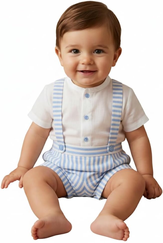 Baby Boy Cotton Summer Short Set White Shirt Suspenders Striped Romper - Made in Spain