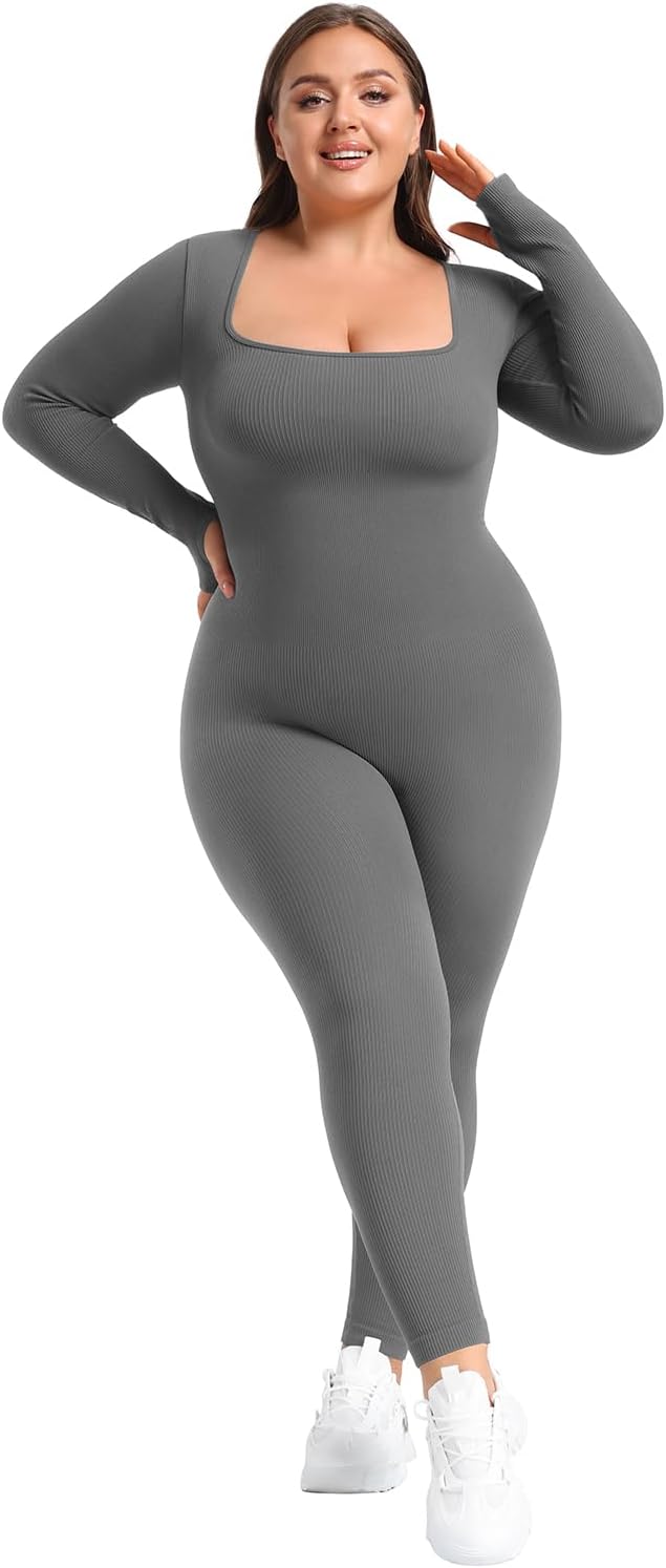 BLEVONH Women's Yoga Jumpsuits Ribbed Workout Rompers Square Neck Long Sleeve Bodysuits Full Length Plus size - Image 5