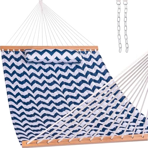 Lazy Daze Hammocks 12FT Quilted Fabric Double Hammock with Spreader Bars and Detachable Pillow, 2 Person Hammock for Outdoor Patio Backyard Poolside, 450 LBS Weight Capacity, Blue Chevron St
