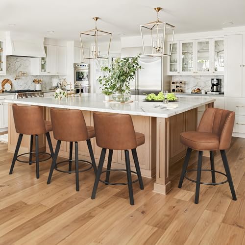 Image of LUE BONA 360-degree Swivel Bar Stools Set of 2, 26 inch Counter Height Bar Stools with High Back and Wood Legs, Morden Faux Leather Upholstered Barstools for Kitchen Counter
