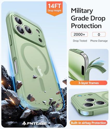 Image of FNTCASE for iPhone 17 Pro Max Case: [Compatible with Magsafe] Translucent Matte Cases with [Full Camera Protection] [Screen Protector] Military Grade Shockproof Protective Phone Cover - Light Moss
