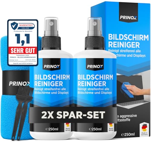 PRINOX 2x Bildschirmreiniger Set 250ml mit Mikrofasertuch und Pinsel - Display Reiniger für Handy, â€¦ – Miniatur
