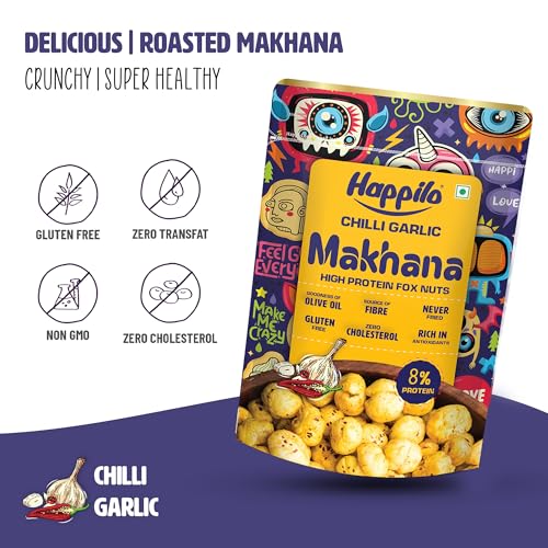 Image of Happilo Premium Super Snack Makhana Chilli Garlic 55g | Roasted Foxnuts, Phool Makhana | Healthy Snacks | Low Calorie, Vegan, Spicy & Tasty