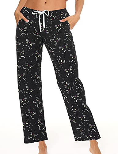 Enjoynight Women Lounge Pants Comfy Fit Casual Tie-Dye Cotton Pajama Bottom With Drawstring(Black Cat,2X-Large) #TOP1