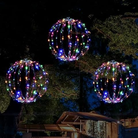 aonear Set of 3 Christmas LED Light Balls, Hanging Tree Globe Light Fold Flat Metal Frame Ball Light Indoor Outdoor Christmas Decoration (Multicolor) Cover