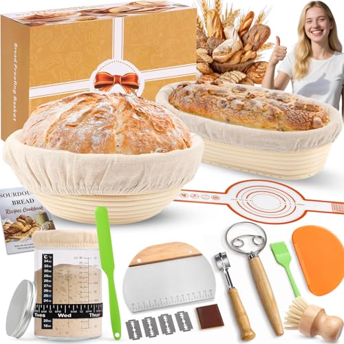 RIZENCE Komplettes Gärkörbchen Sauerteig Starter Set 2 Gärkorb (25cm Ovale & 23cm Runde) 900ML Sauerteig Glas Set Brotbackzubehör kit Brot Backen Zubehör für Anfänger Erfahrener Bäcker