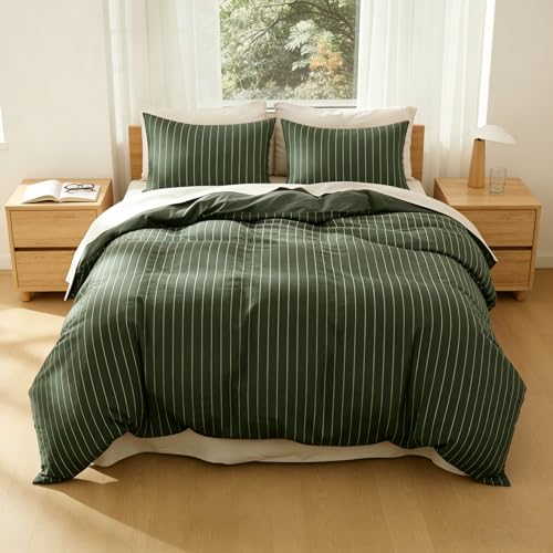 Image of Striped Duvet Cover Twin Size Olive Green Stripes Reversible Bedding Set Vertical Ticking Stripes Soft Breathable Microfiber Comforter Cover Set with Zipper Closure and 1 Pillowcase