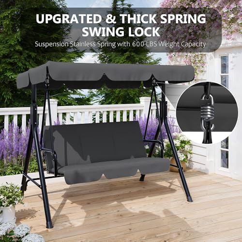 Image of Garvee Outdoor Porch Swing with Adjustable Canopy, 3-Seat Patio Swing Chair with Stand, Heavy Duty Outdoor Swing for Adults, Metal Frame Patio Swing for Garden, Backyard & Poolside,Grey
