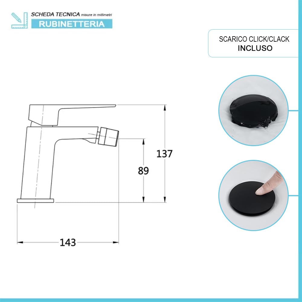 Set Miscelatori per Lavabo Alto e Bidet in Ottone Nero Opaco Linea Kubo con Pilette Click Clack e Kit Montaggio
