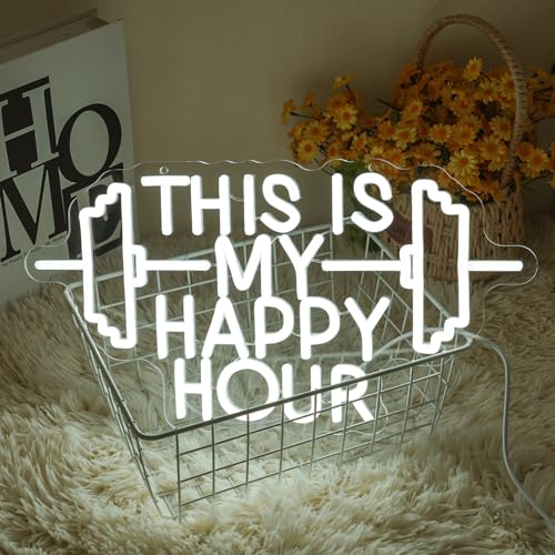 Image of This Is My Happy Hour Neon Sign for Wall Decor, Dimmable White Gym Neon light, Letter Fitness Led Signs for Sports Room, Party Bar,Fitness Club Wall Decor