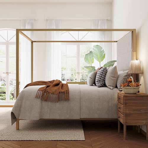 Merax Queen Size Gold Metal Canopy Bed Frame 76.5 Tall Linen Upholstered Headboard 4-Poster Bed with 800 lbs Capacity Box Spring Required for Bedroom Gold+Tan