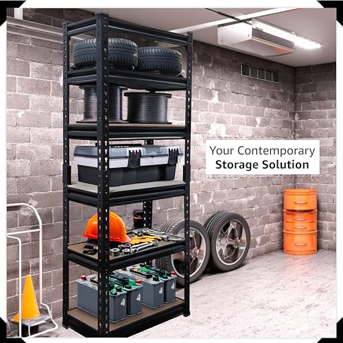 Image of BonKaso Adjustable 6-Shelf Metal Storage Rack | Heavy-Duty Steel Boltless Rivet Utility Shelving Unit for Garage, Kitchen & Office | 62 Inches Height (62 x 24 x 12 in) - Black