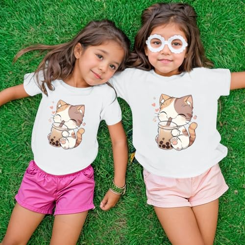 Image of KEEVICI Cute Cat Shirts for Girls Graphic Tees Bubble Tea Tshirt Kids Kawaii Cartoon Animal Print T Shirt Summer Cotton Tops