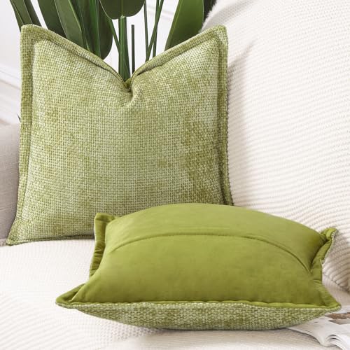 Image of MADIZZ Decorative Chenille Velvet Throw Pillow Covers Set of 2 Soft Boho Textured Neutral Couch Throw Pillow for Bed Modern Farmhouse Home Decor for Sofa Livingroom Light Green 18x18 Inch