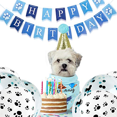 VIPITH Dog Birthday Party Supplies with Dog Birthday Bandana, Cute Happy Birthday Banner Hat Balloons for Pet Puppy Cat First Birthday Decorations (Blue/Boy) - Image 9