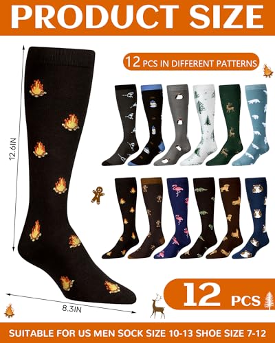 12 Pairs Novelty over the Calf Socks for Men Fun Knee High Holiday Dress Seasonal Cotton Long Socks for Cold Weather Christmas Winter Gift2