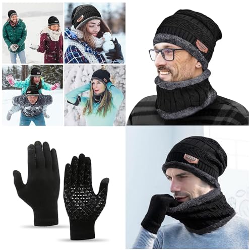 Mütze Schal Handschuhe Set für Herren und Frauen - 3 in 1 Winterset Mit Touchscreen Handschuhen und Wärmer