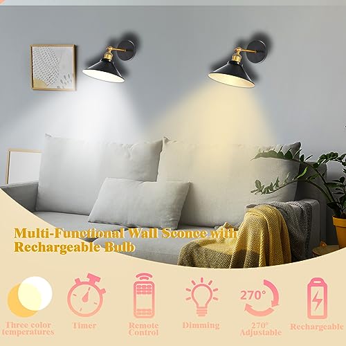 Bimean Battery Operated Wall Sconces Set Of 2, Usb Rechargeable Battery With Remote Control, Not Wires Dimmable Vintage Adjustable Wall Light Fixture For Bedroom Farmhouse Gallery Fireplace #TOP4