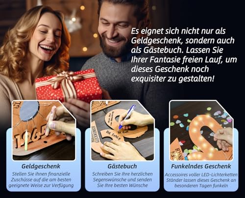 Giftota - 2025 Originelle 30 Geburtstag Geschenk Frauen & Männer - 30 Perlenhochzeit - Geldgeschenke 30 mit LED Lichterkette Ständer - Holz-Schild Gästebuch - 30 Geburtstag Deko - Hochzeitsgeschenke