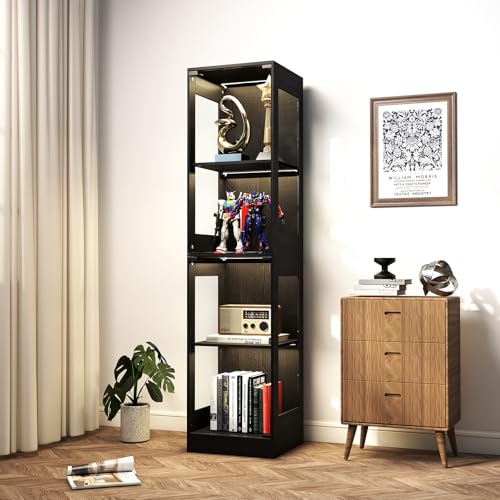 YU YUSING Vitrine Colonne en Verre avec Lumière Intelligente LED pour Collection, Armoire de Vitrine Moderne avec 4 Étagères, Mangathèque, Bibliothèque, Rangement...